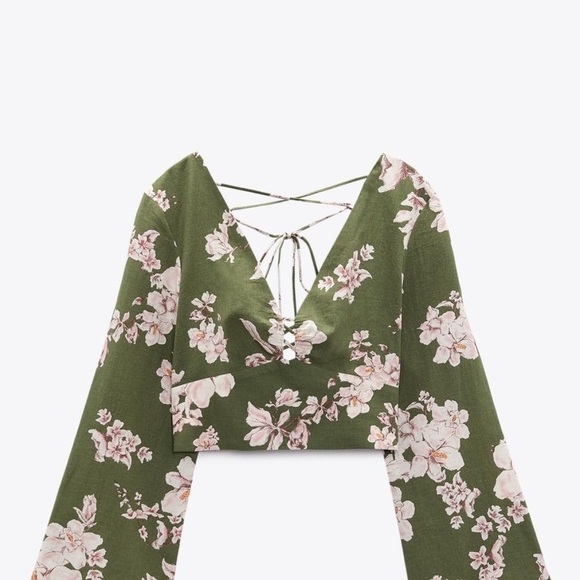 Zara Floral Olive Crop Top - Picture 1 of 5